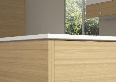 koundouros gloss: linear slim corian worktop punctuates the contrast of light oak wood with high gloss white laquered front